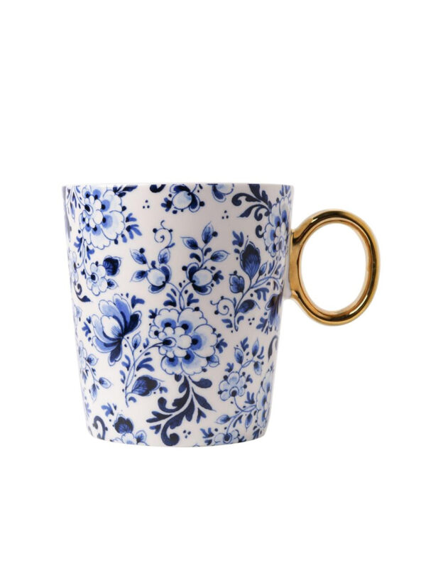 Mok Sierlijke bloem - Delfts blauw - Goud - Keramiek - 300 ml